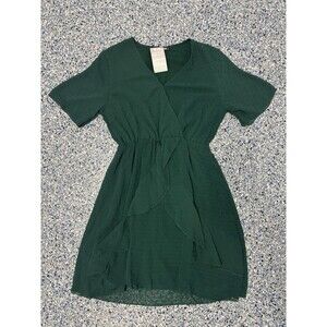BTFBM Women's Green Wrap V-neck Dress Short Sleeves and A Ruffle Hem Size MED